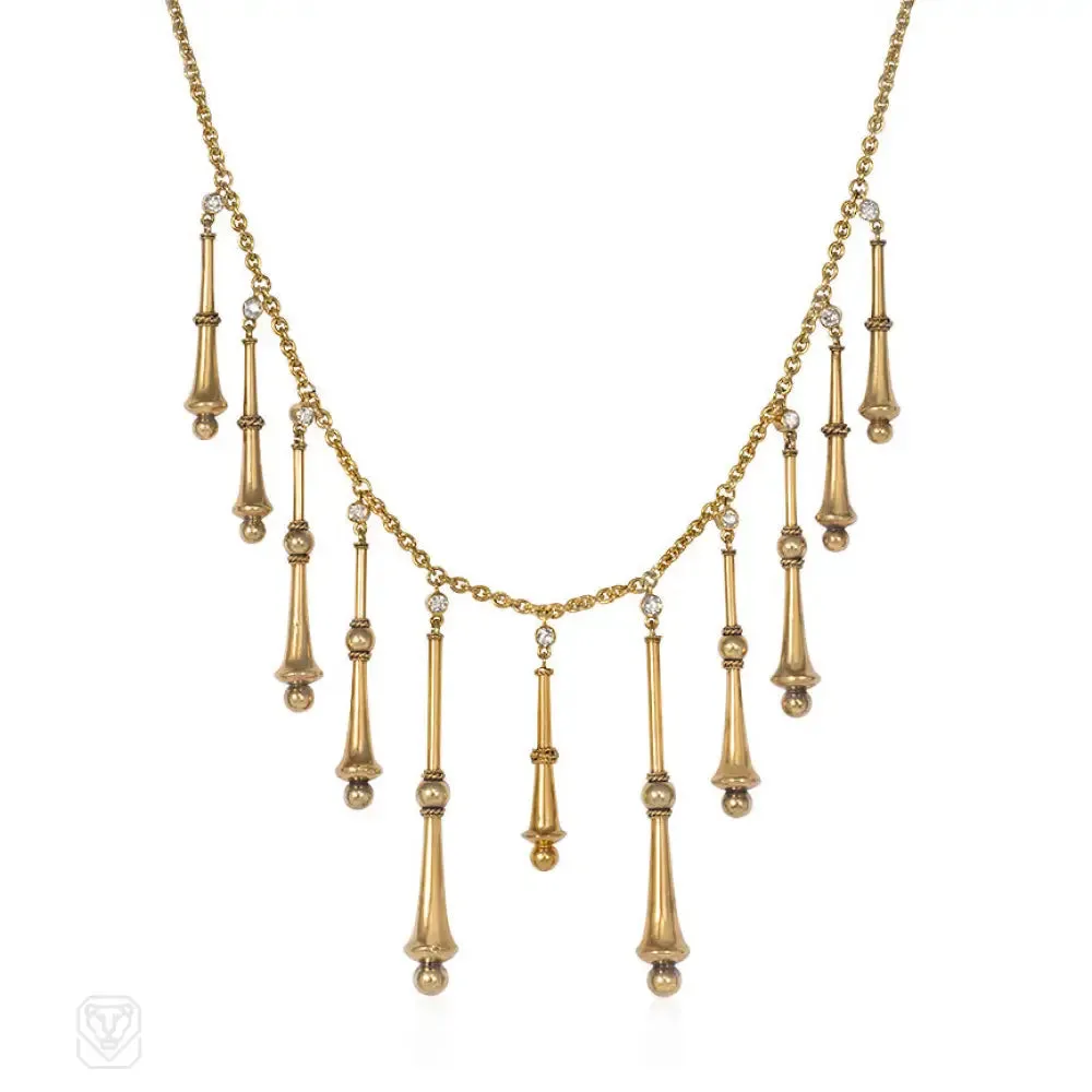 Art Nouveau gold and diamond fringe necklace