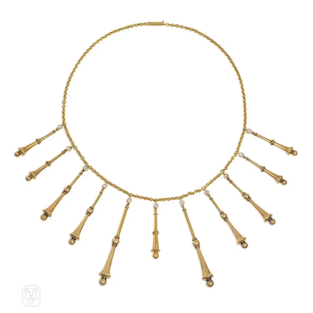 Art Nouveau gold and diamond fringe necklace