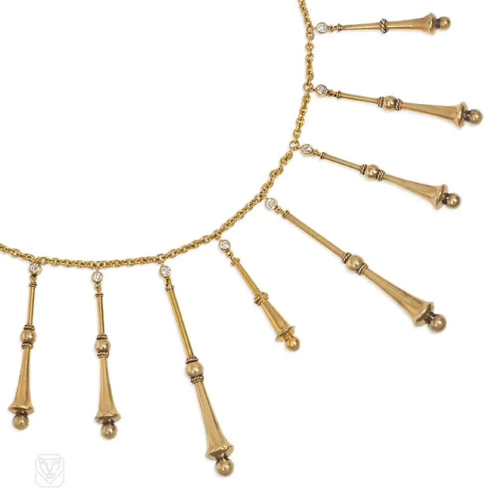 Art Nouveau gold and diamond fringe necklace