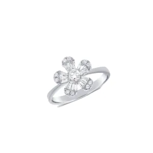 Baguette and Round Brilliant Cut Diamond Flower Ring