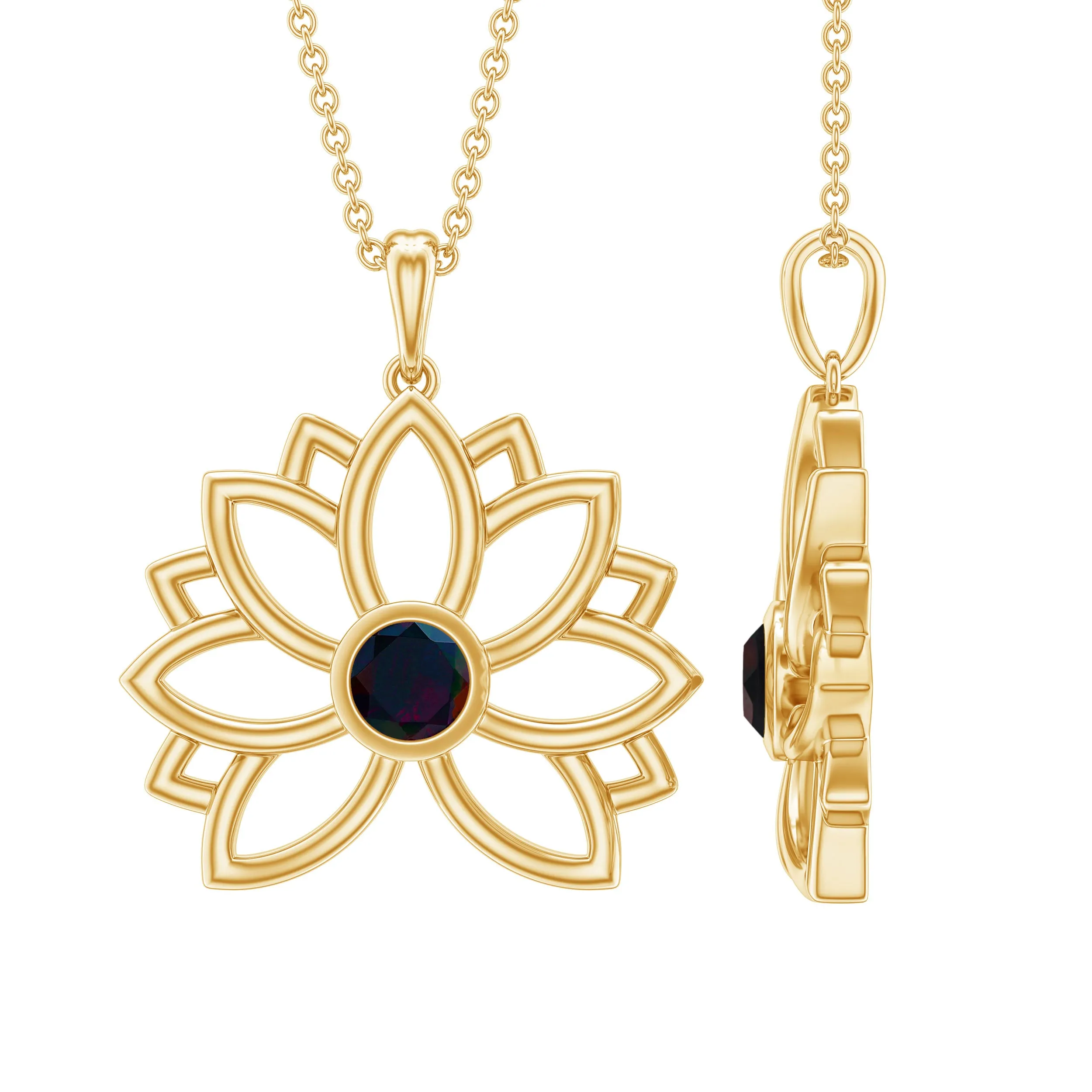 Bezel Set Black Opal Gold Flower Pendant Necklace