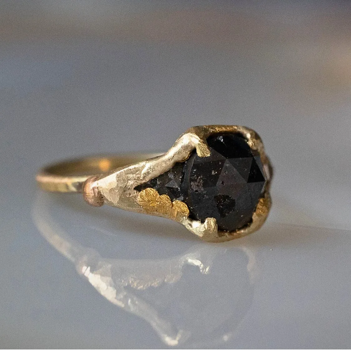 Black 2ct Rose Cut Diamond with Diamond Accents on a Yellow Gold Band