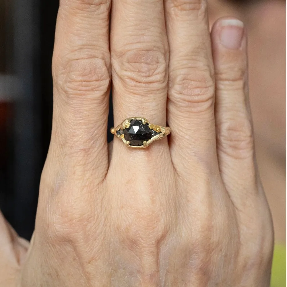 Black 2ct Rose Cut Diamond with Diamond Accents on a Yellow Gold Band