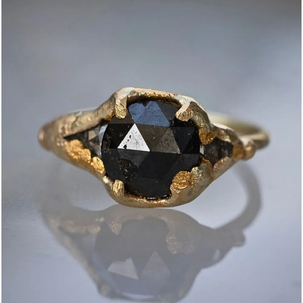 Black 2ct Rose Cut Diamond with Diamond Accents on a Yellow Gold Band