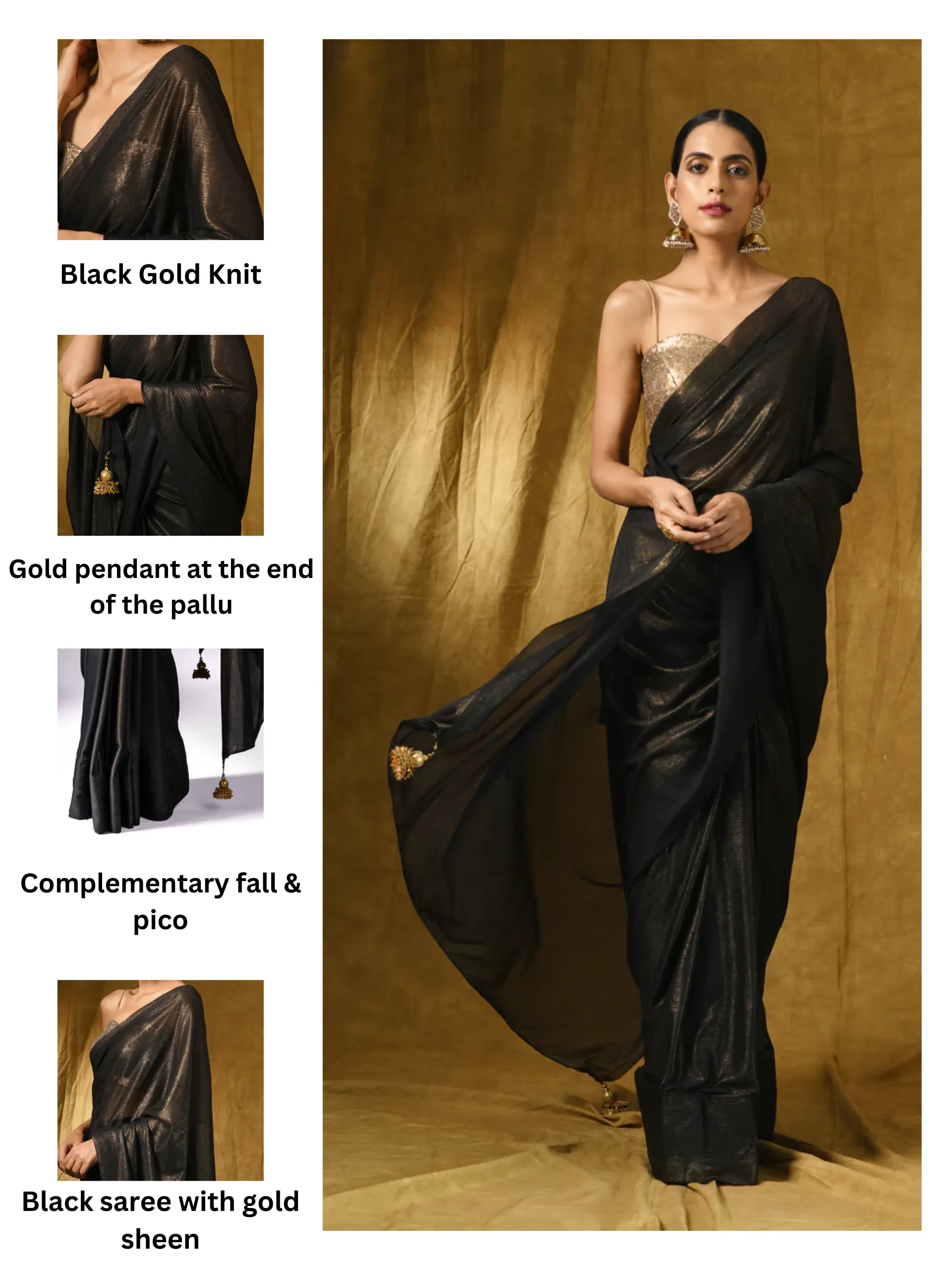 Black Gold Saree with Gold Pendants