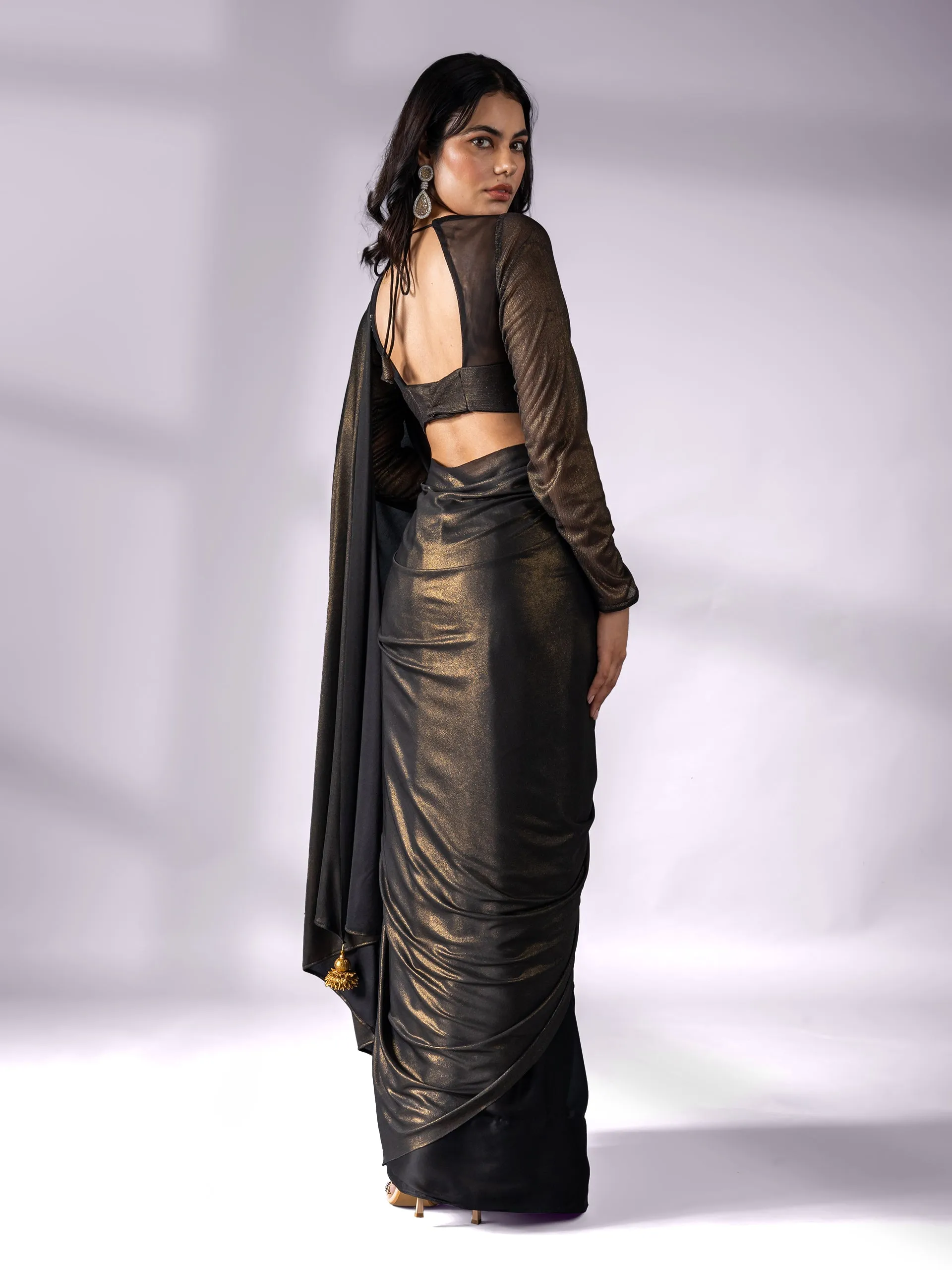 Black Gold Saree with Gold Pendants