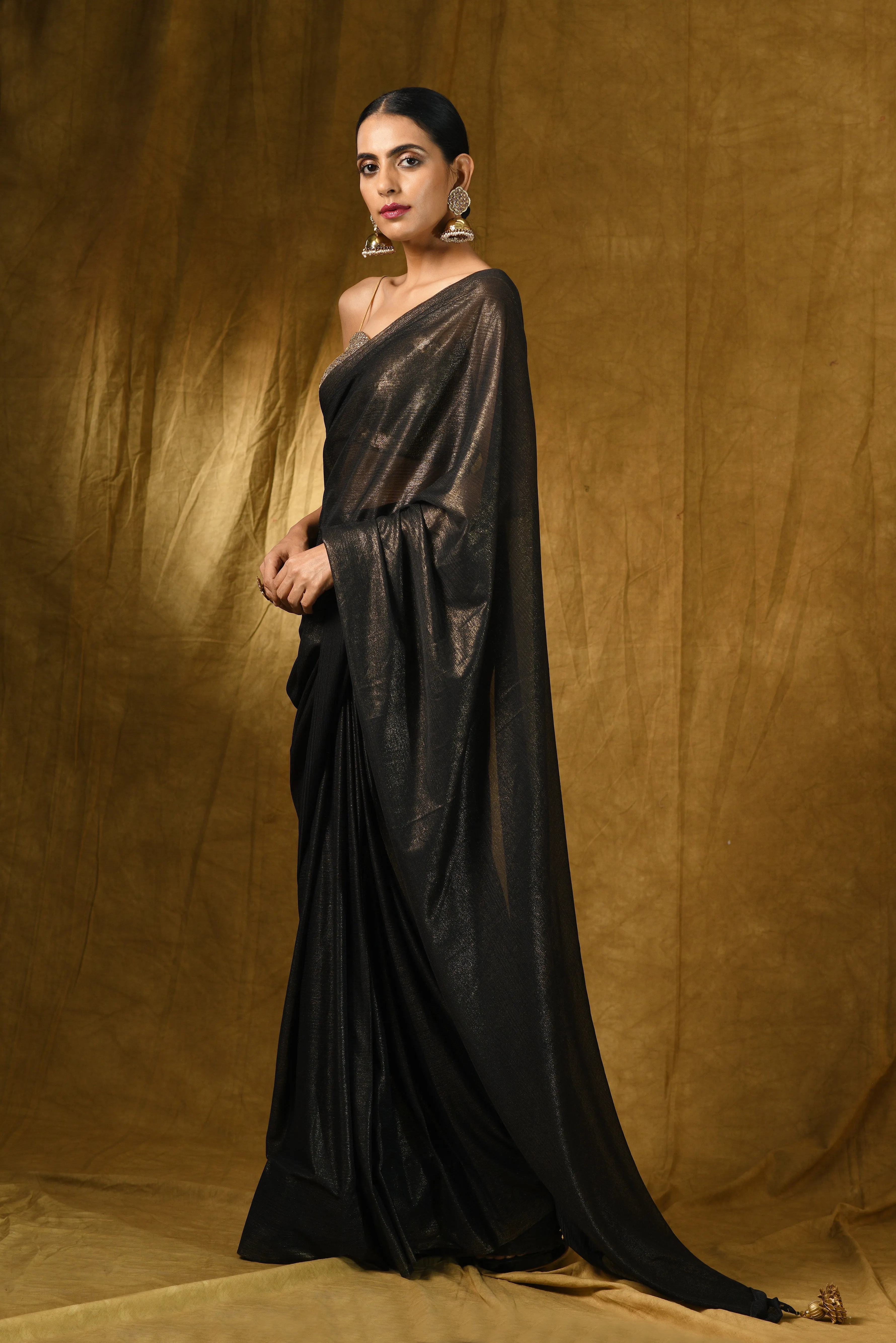 Black Gold Saree with Gold Pendants