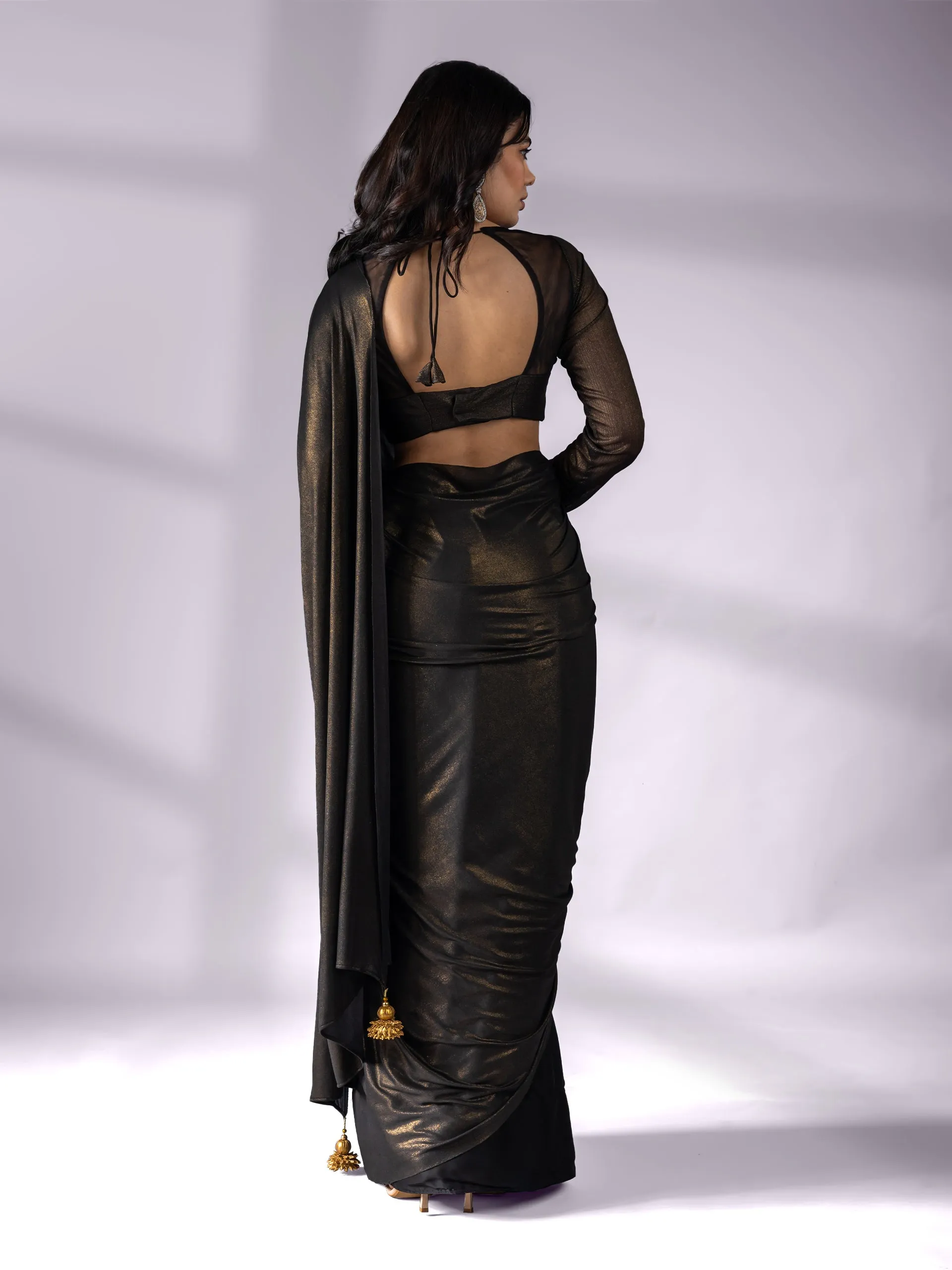 Black Gold Saree with Gold Pendants