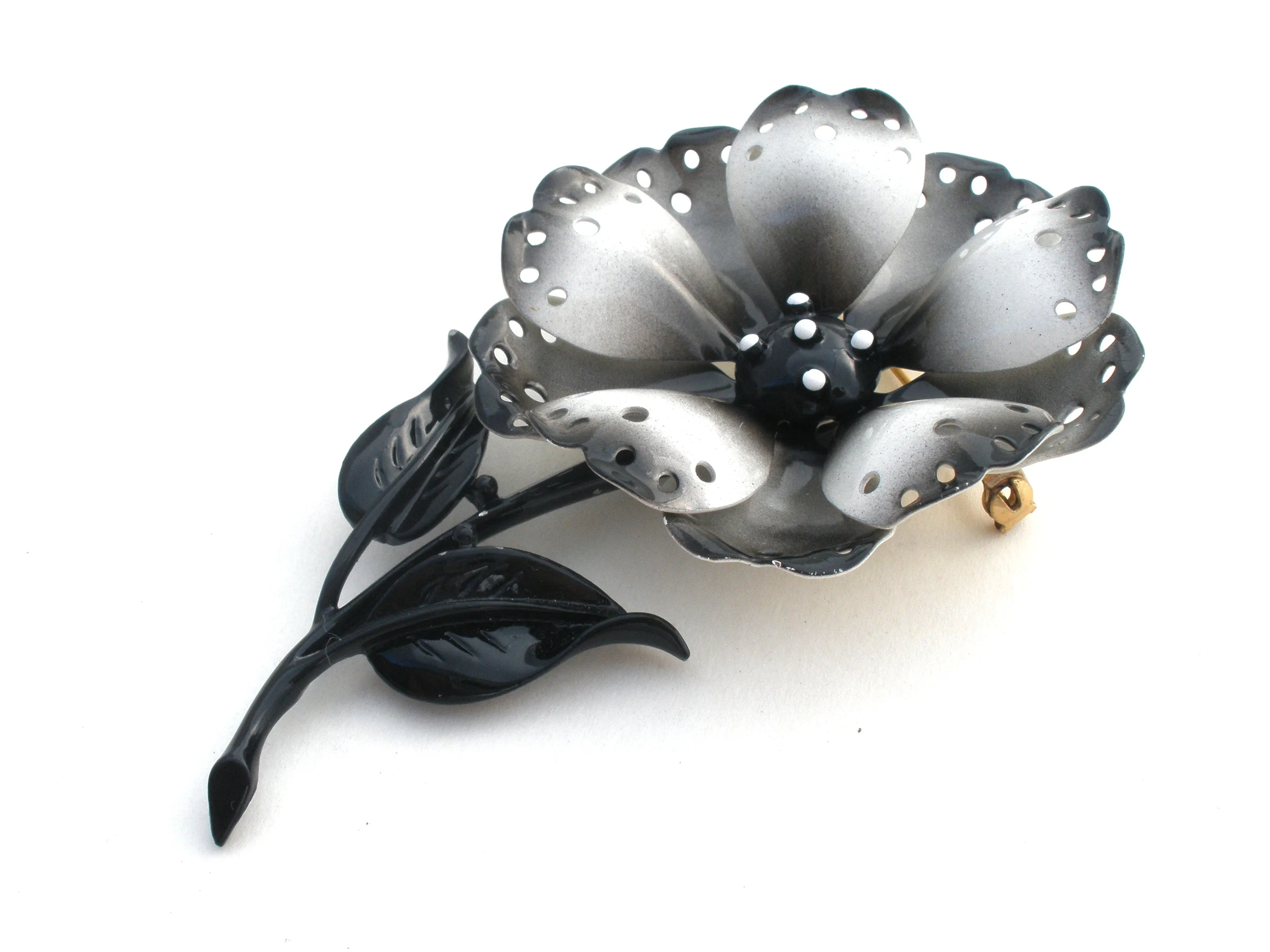 Black White Enamel Flower Brooch Pin Hedy