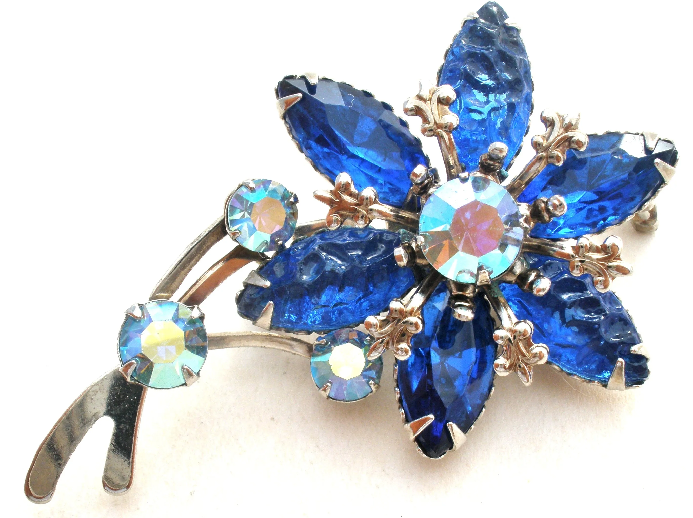 Blue Rhinestone Flower Brooch Pin Vintage