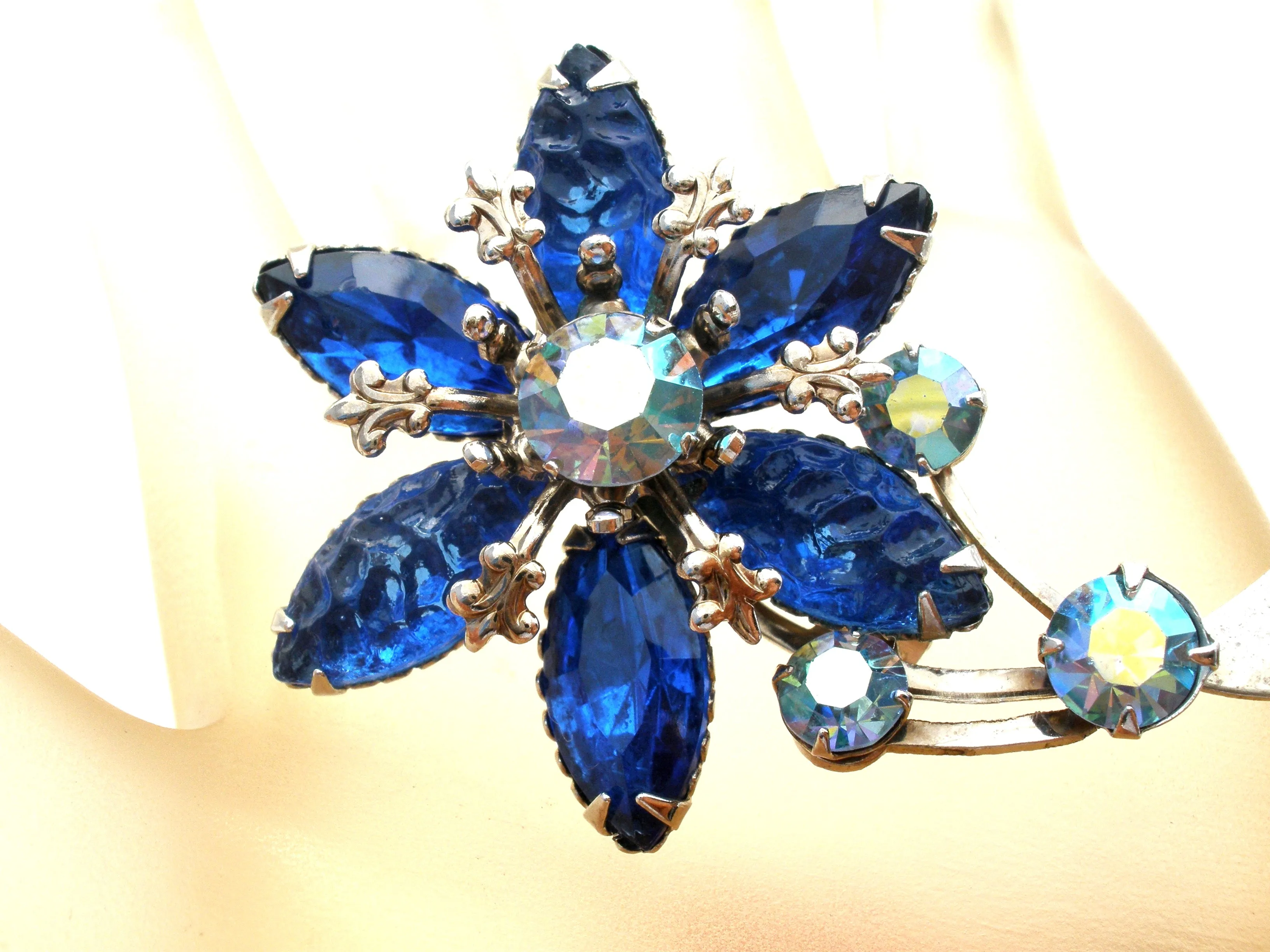 Blue Rhinestone Flower Brooch Pin Vintage