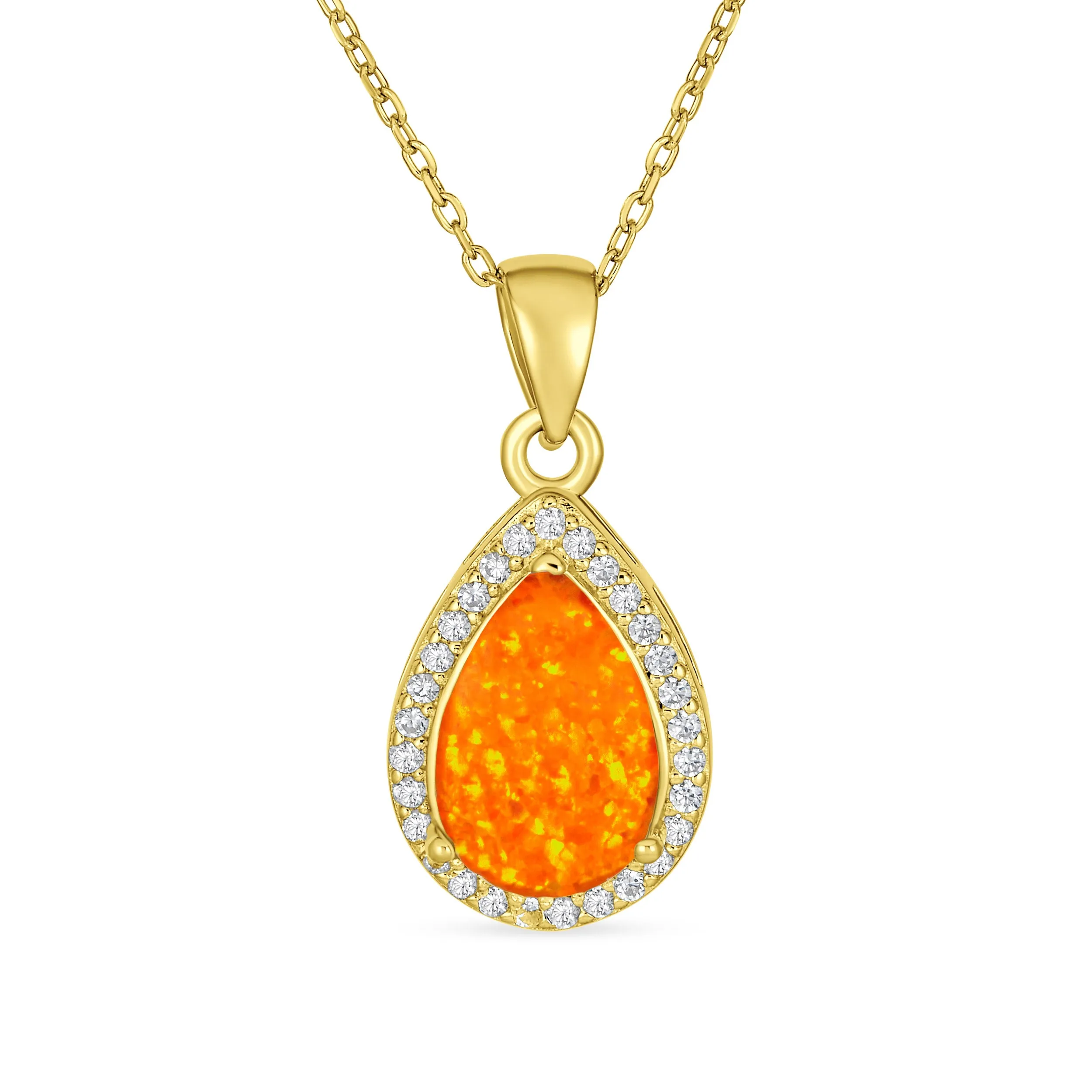 Bridal CZ Halo Solitaire Orange White Opal Ruby Teardrop Oval Pendant & Earrings