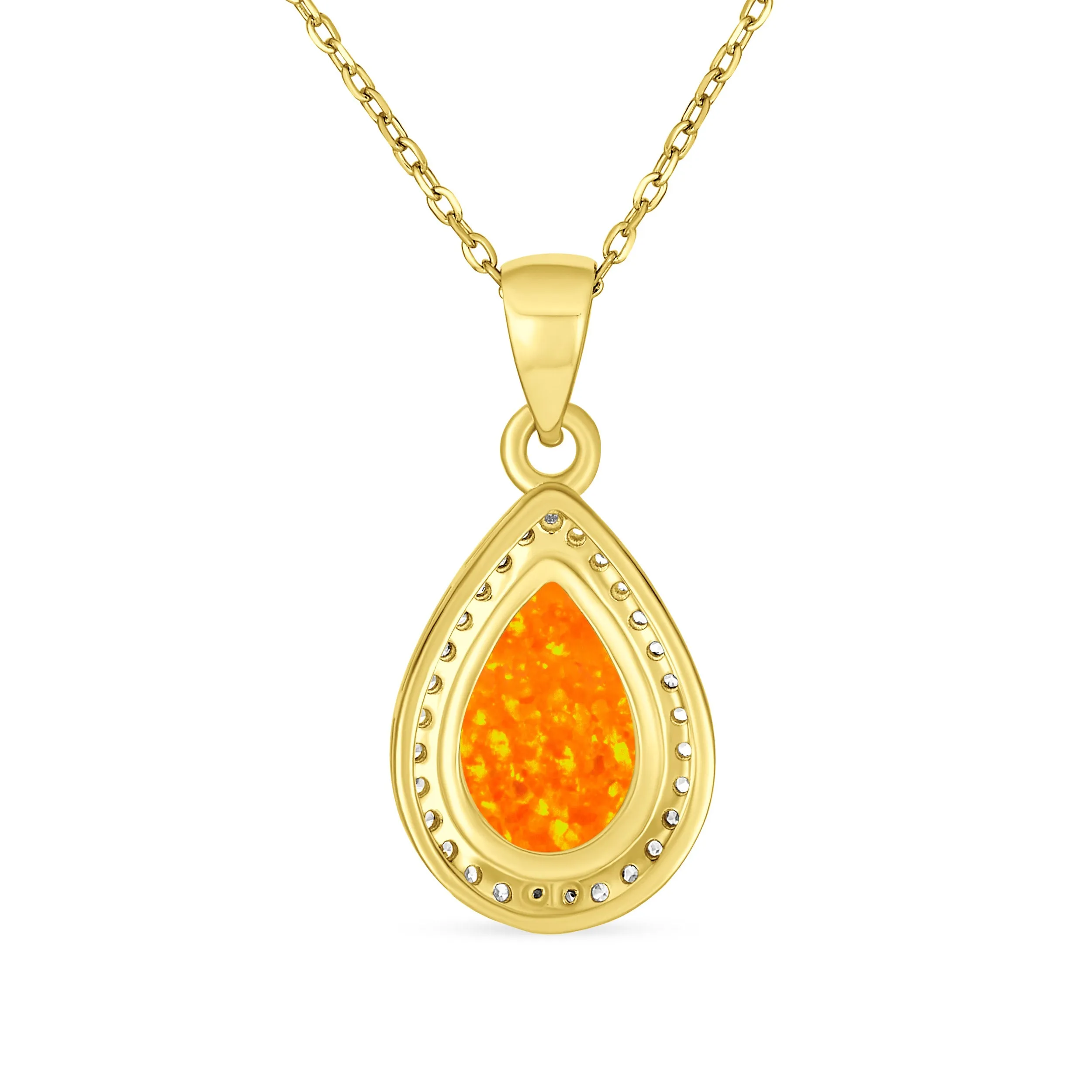 Bridal CZ Halo Solitaire Orange White Opal Ruby Teardrop Oval Pendant & Earrings