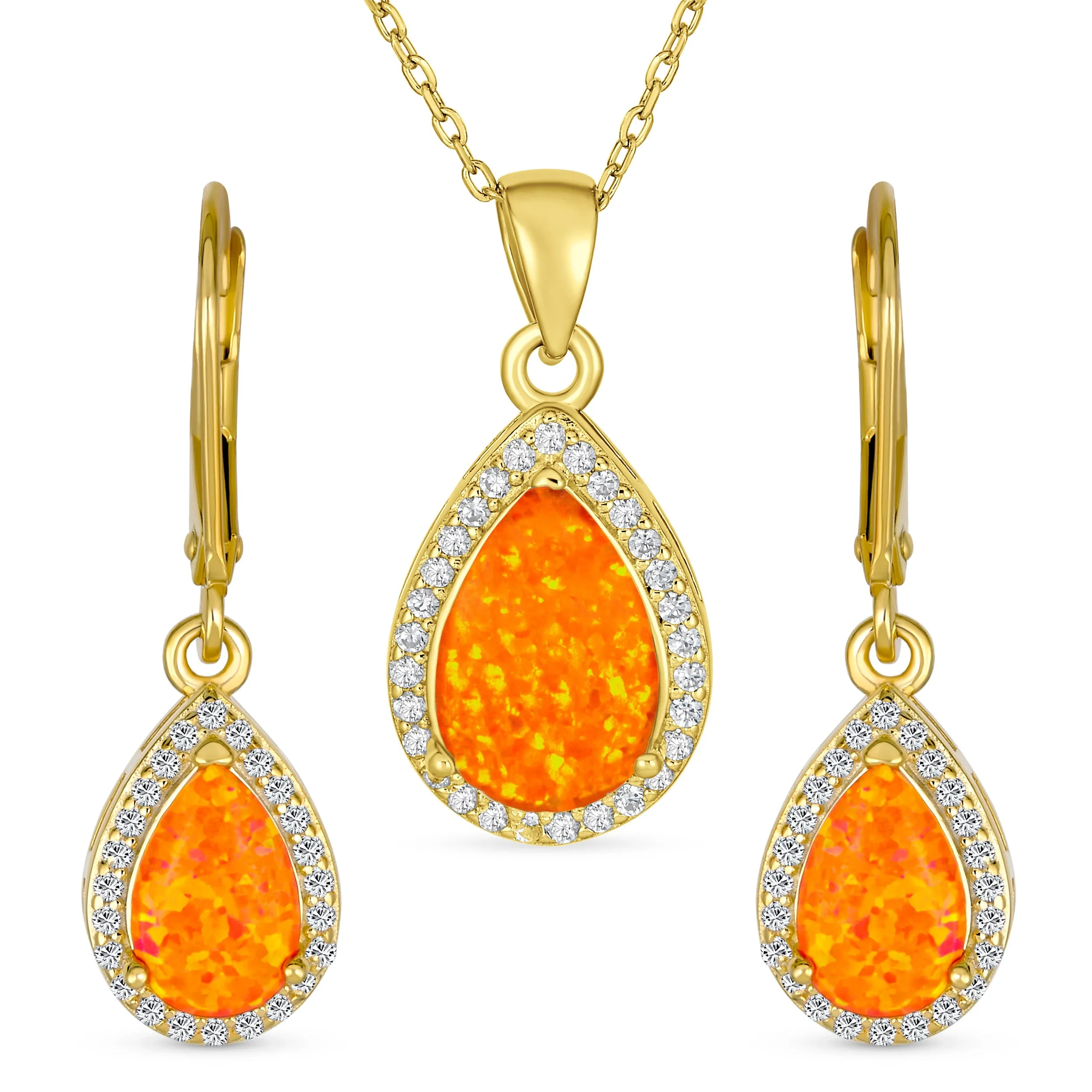 Bridal CZ Halo Solitaire Orange White Opal Ruby Teardrop Oval Pendant & Earrings