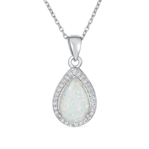 Bridal Necklace with CZ Accent and Opal Teardrop Pendant in Sterling Silver