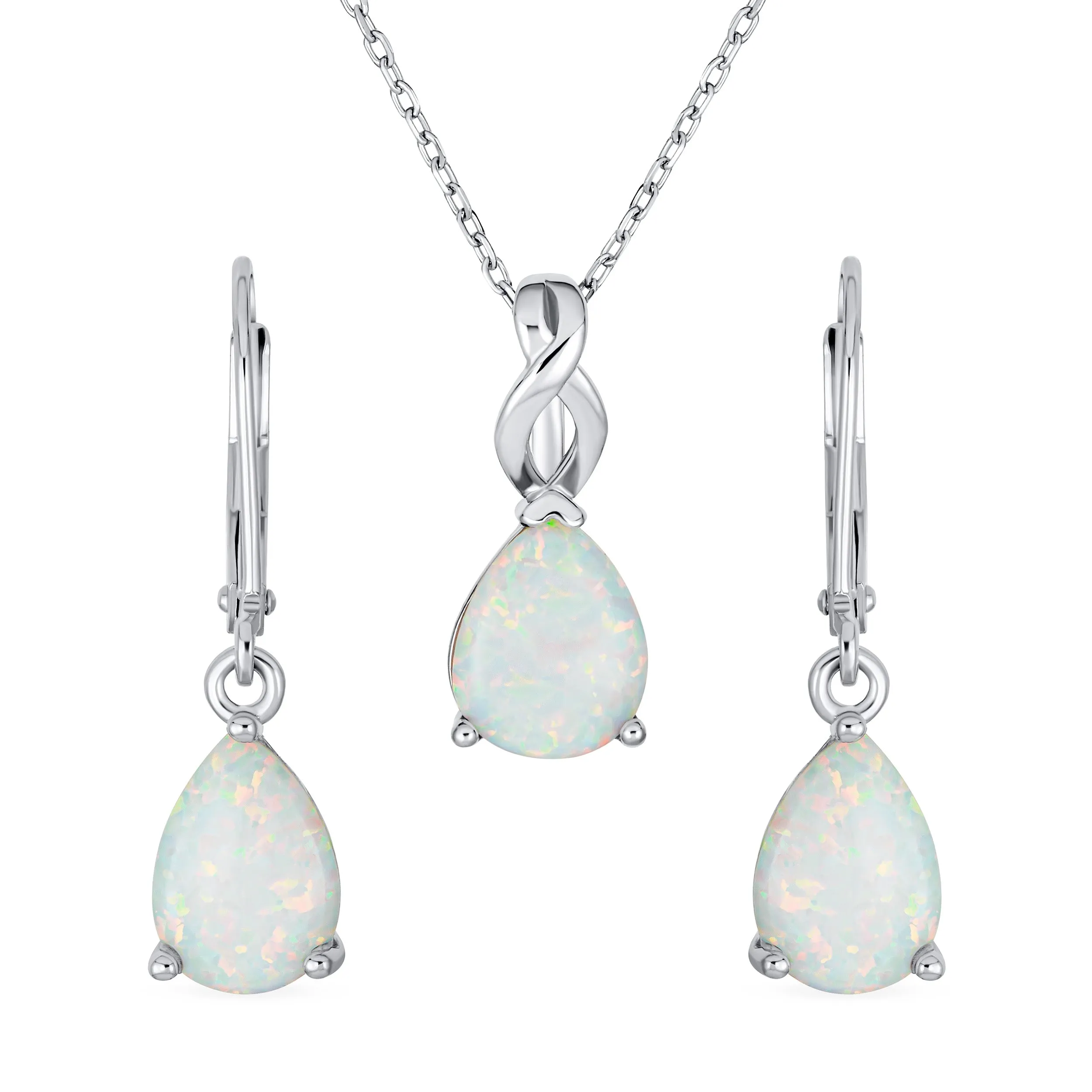 Bridal Necklace with CZ Accent and Opal Teardrop Pendant in Sterling Silver