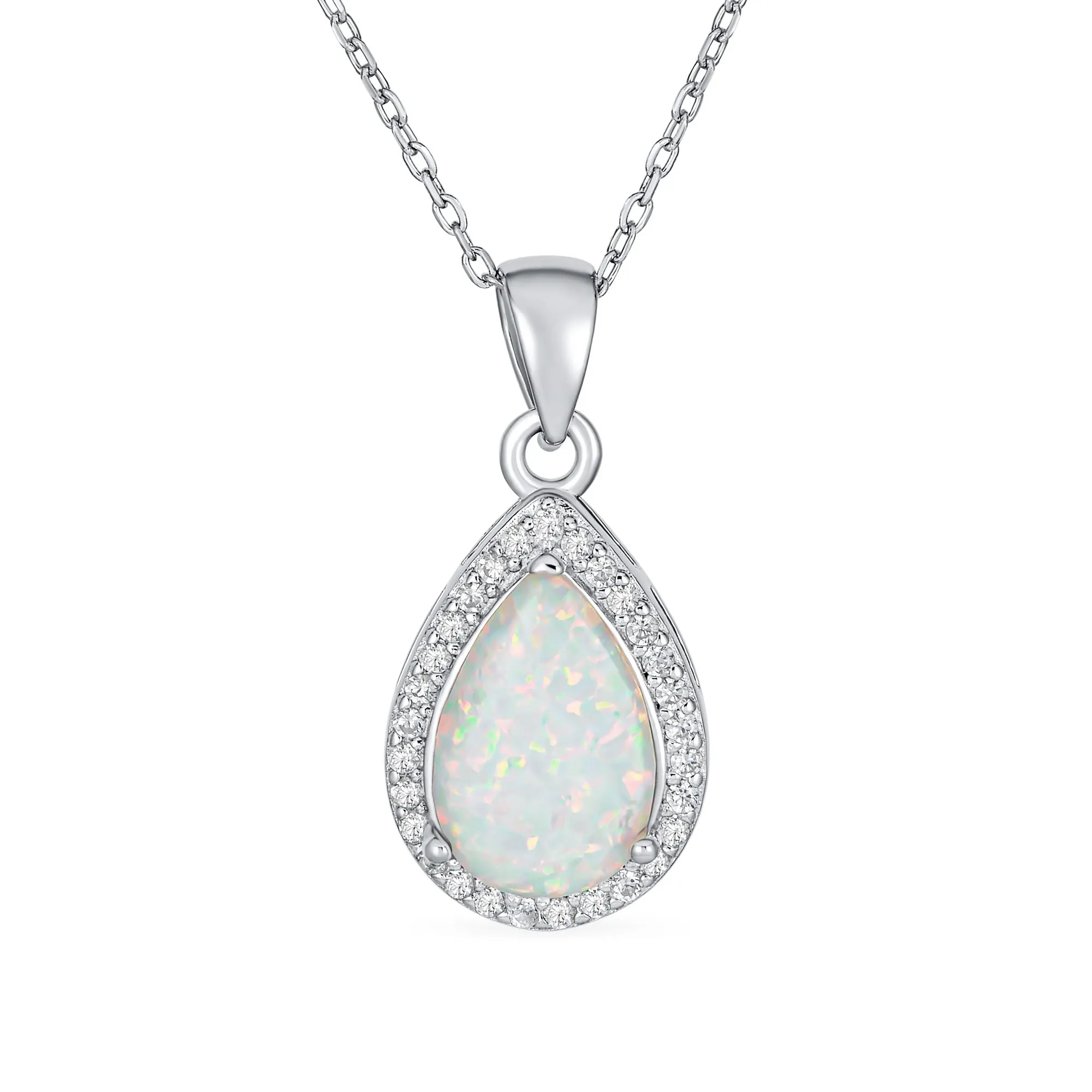 Bridal Necklace with CZ Accent and Opal Teardrop Pendant in Sterling Silver