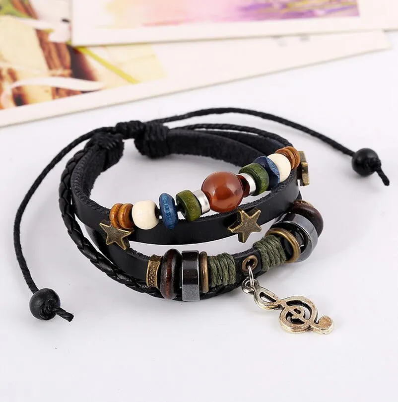 Bronze Star Rivets Cowhide Women Bracelets Charm Musical Notes Bracelet Pendants Leather Braided Snake Chain Bracelet