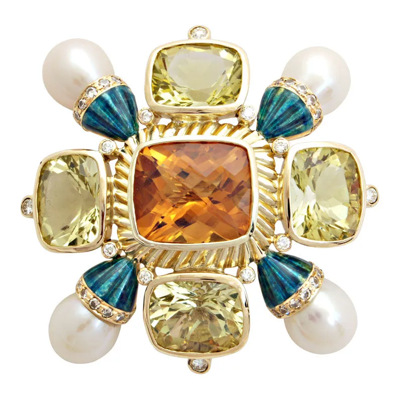 Brooch-Citrine, Lemon Quartz, Pearl and Diamond (Enamel)