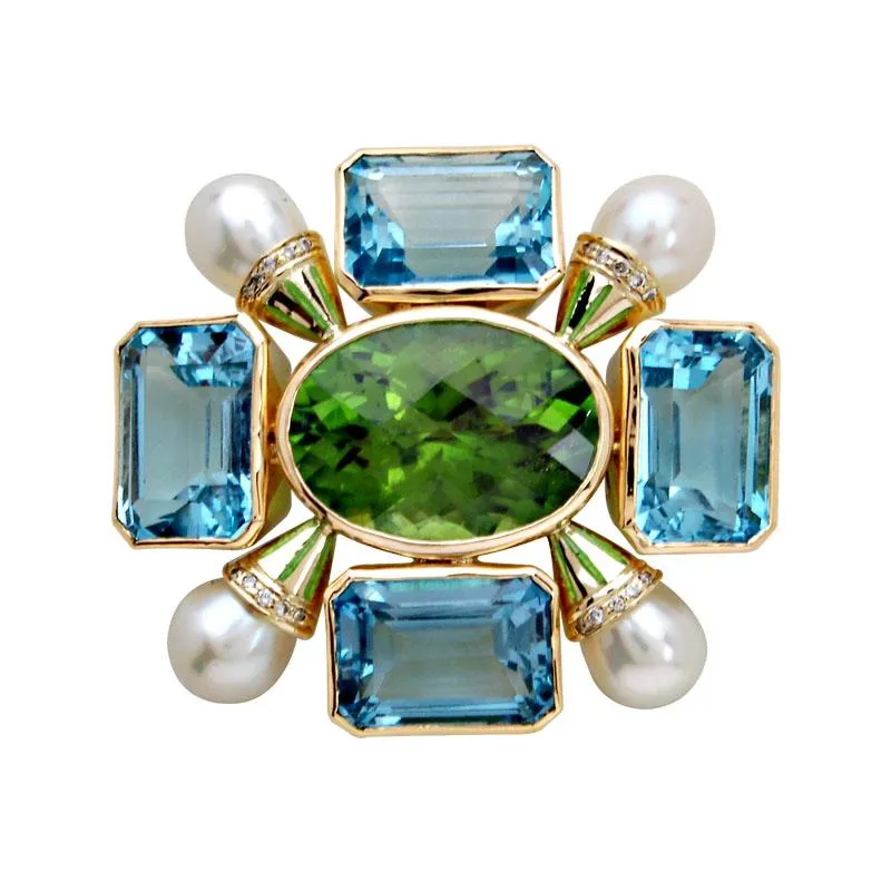 Brooch-Peridot, Blue Topaz, Pearl and Diamond (Enamel)  (1360H)