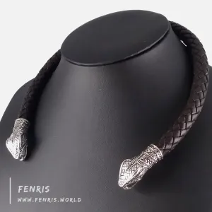 Celtic Torc Silver Snake Brown Leather | Fenris