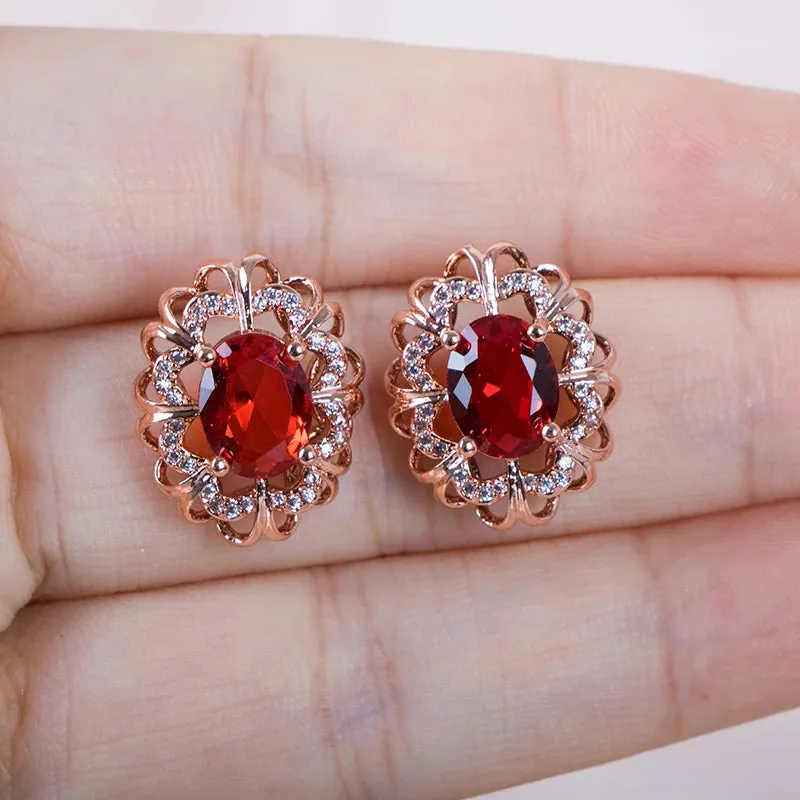 Classi Flower Ruby Rose Gold Stud Earrings