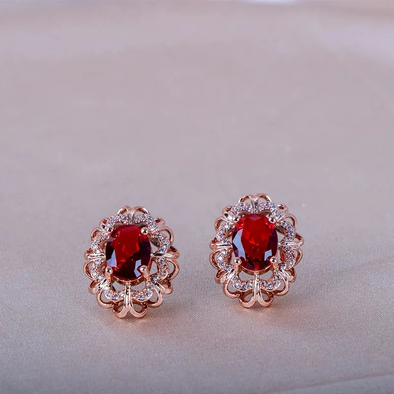 Classi Flower Ruby Rose Gold Stud Earrings