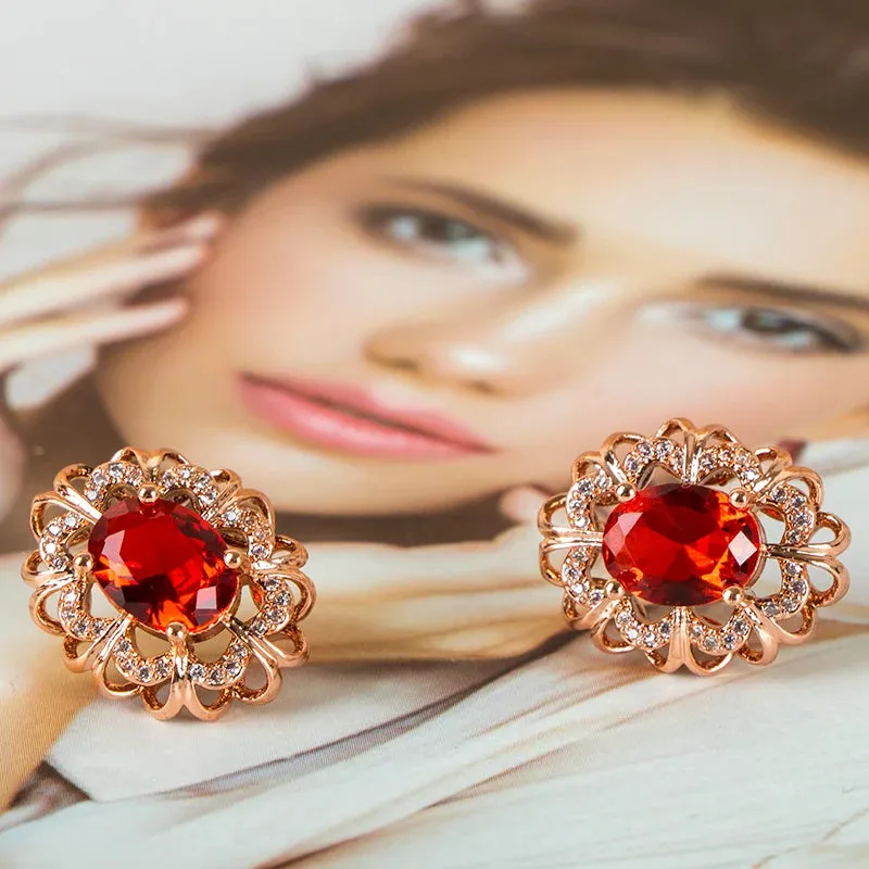 Classi Flower Ruby Rose Gold Stud Earrings