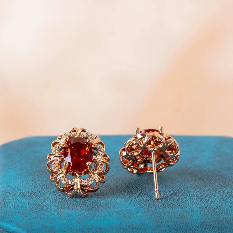 Classi Flower Ruby Rose Gold Stud Earrings