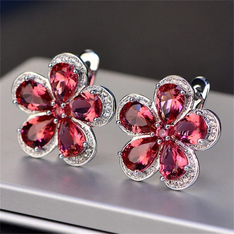 Clover Leaf Ruby 925 Sterling Silver Clip Earrings