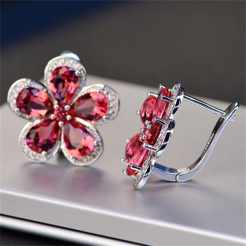 Clover Leaf Ruby 925 Sterling Silver Clip Earrings