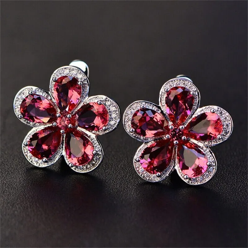 Clover Leaf Ruby 925 Sterling Silver Clip Earrings