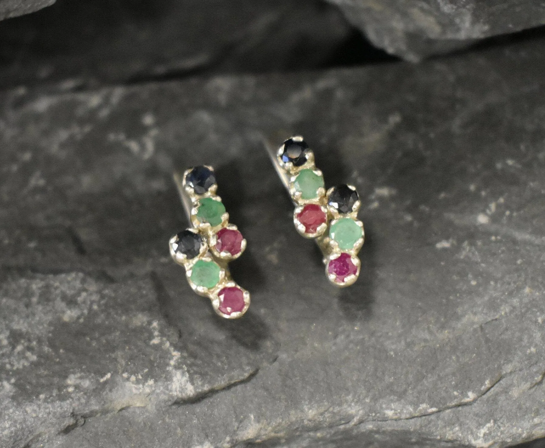 Colorful Multistone Earrings - Natural Emerald Sapphire Ruby - Drop Birthstone Earrings