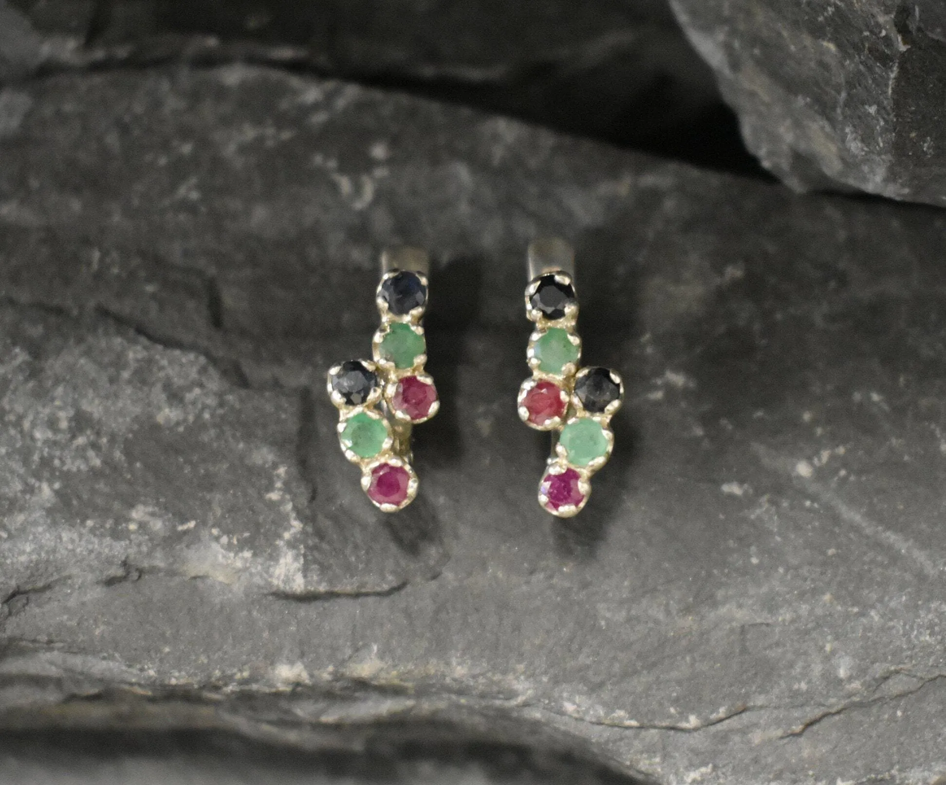 Colorful Multistone Earrings - Natural Emerald Sapphire Ruby - Drop Birthstone Earrings