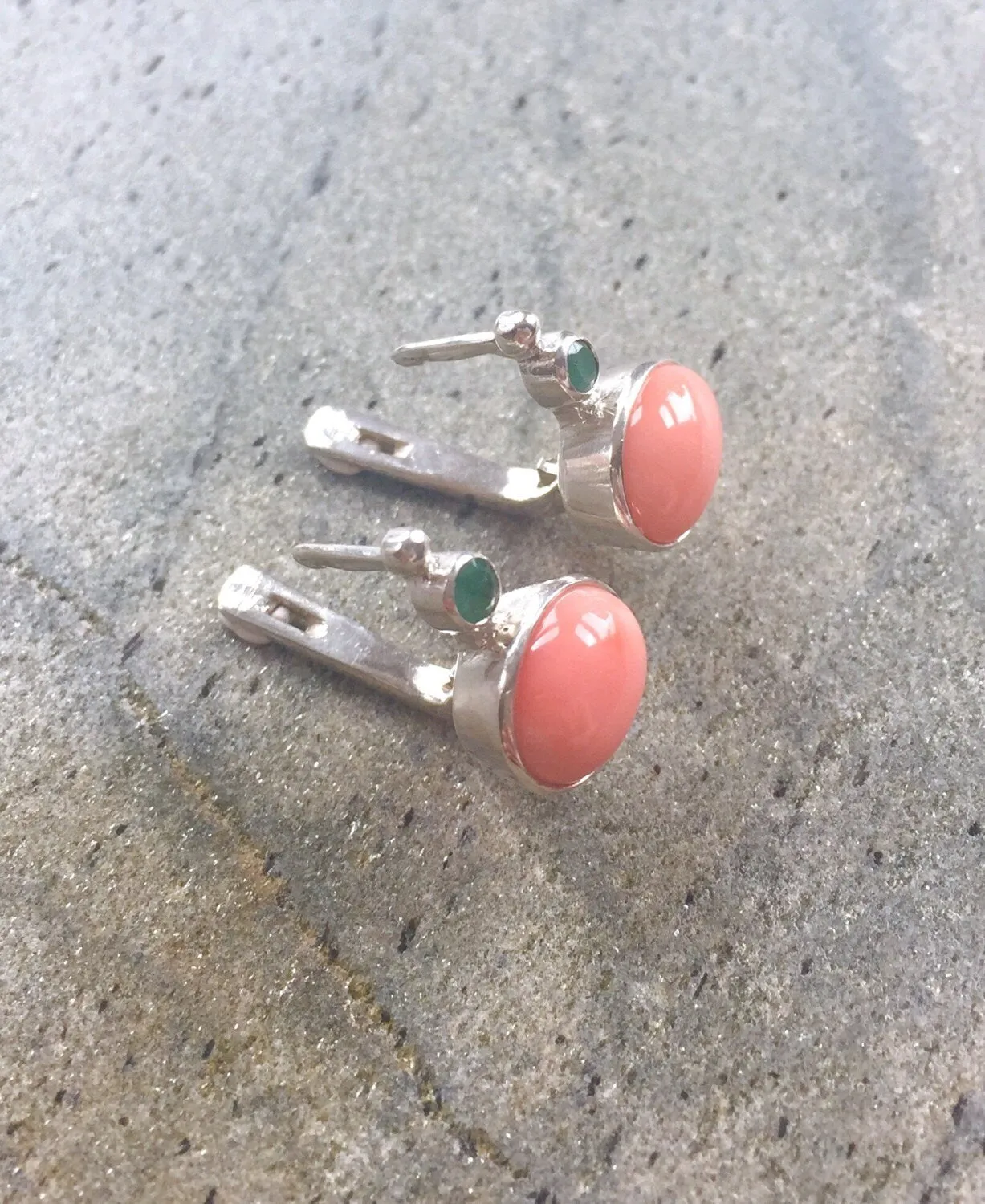 Coral Silver Earrings - Two Stone Earrings - Orange Statement Earrings