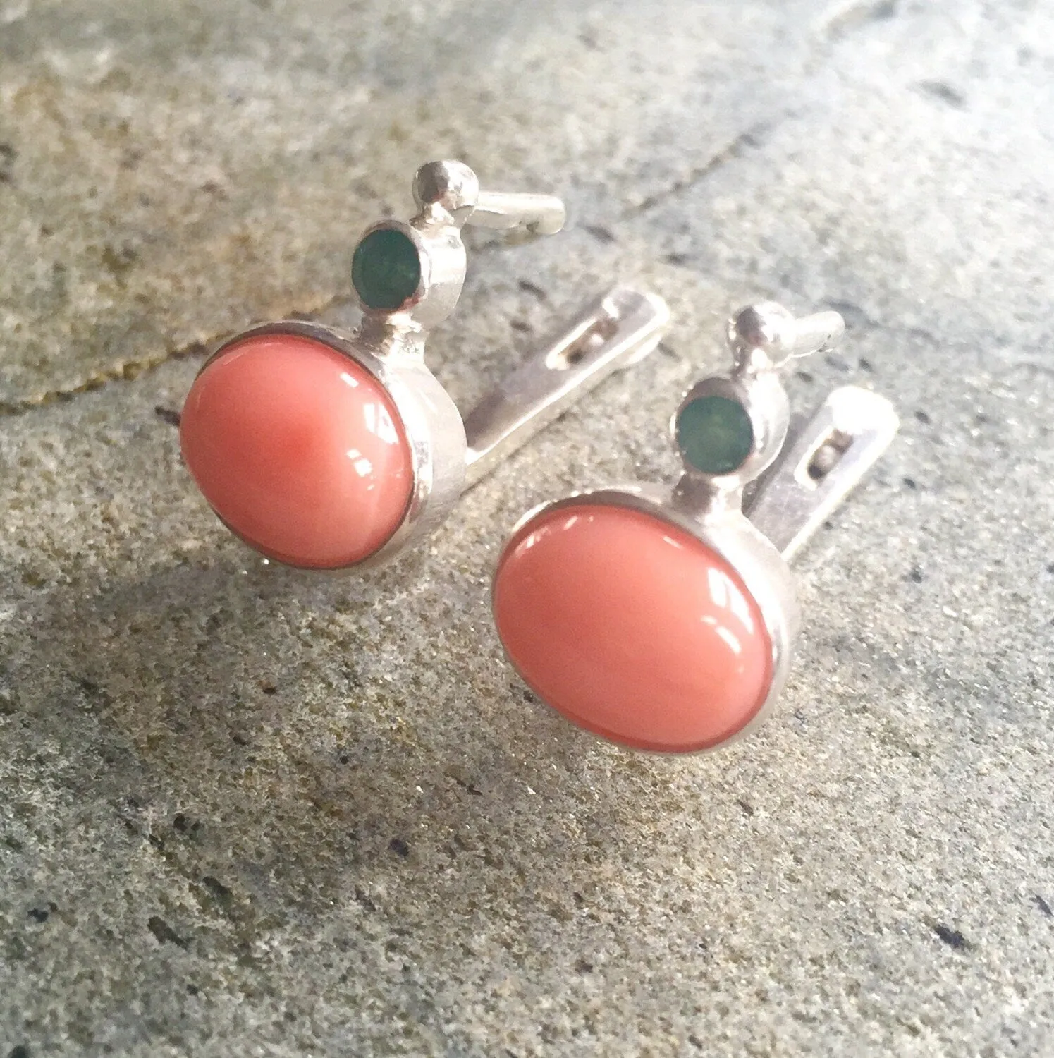 Coral Silver Earrings - Two Stone Earrings - Orange Statement Earrings