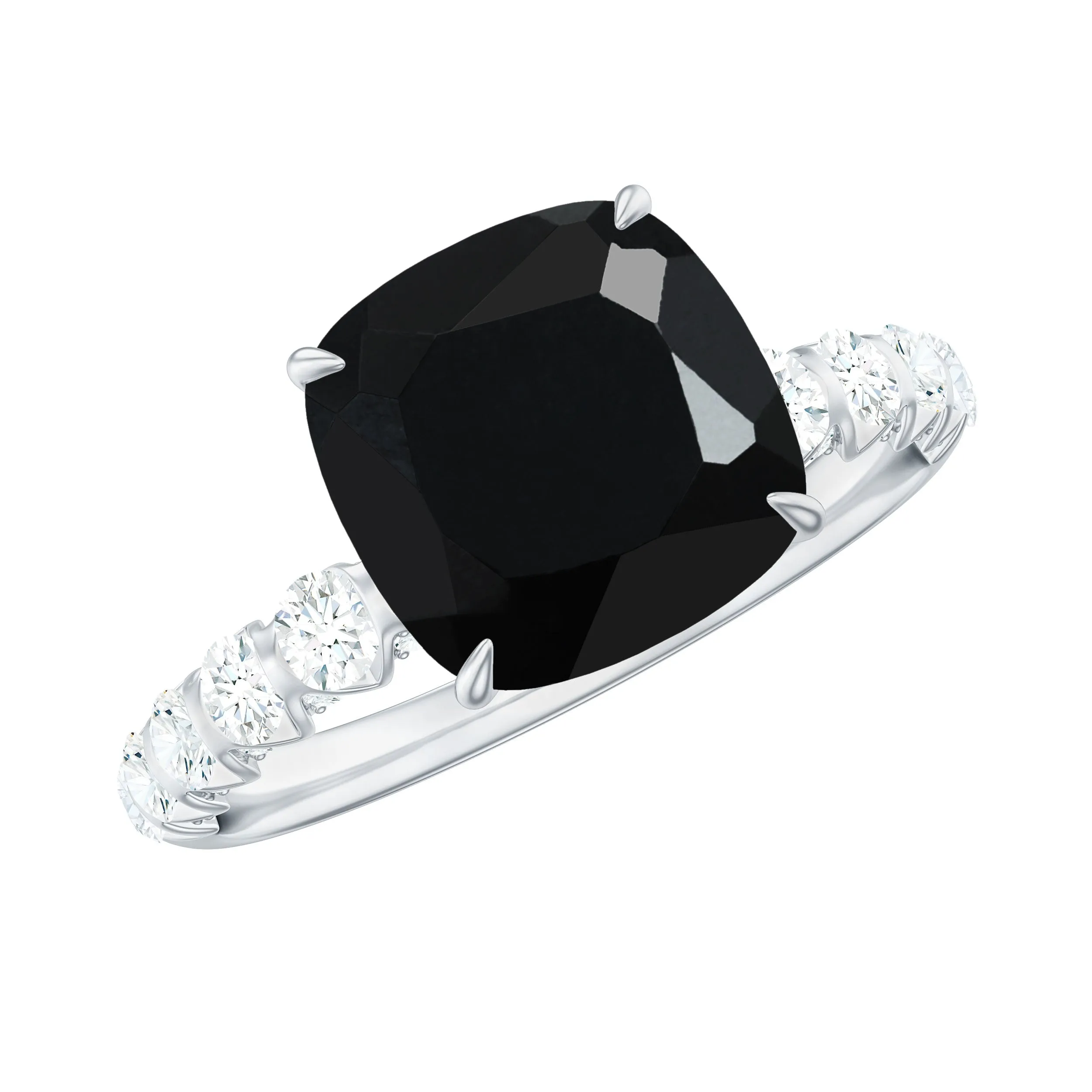 Cushion Cut Created Black Diamond and Diamond Solitaire Ring