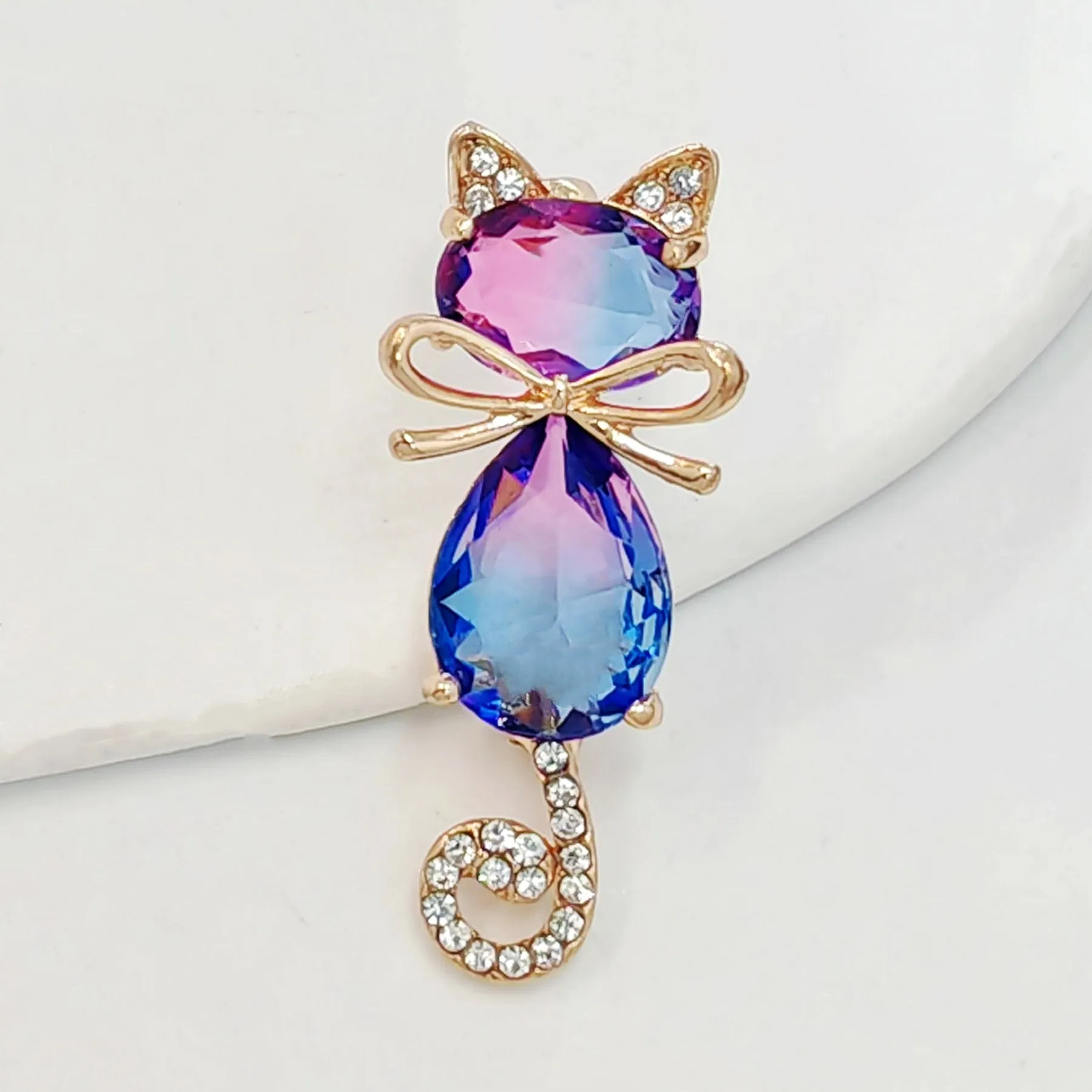 Cute Blue Crystal Kitty Cat Pin Brooch with Bowtie