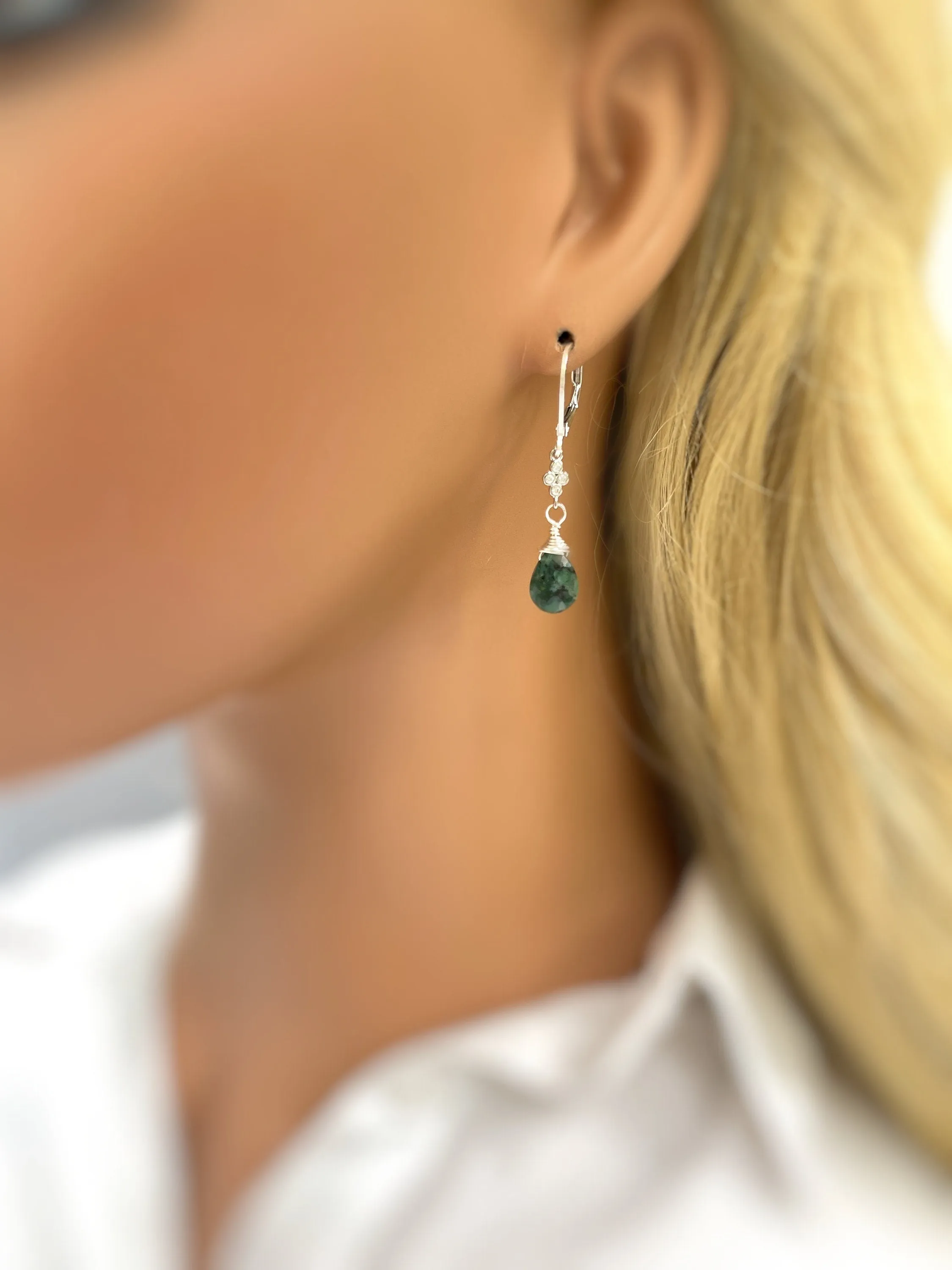 Dainty Emerald earrings dangle, Sterling Silver