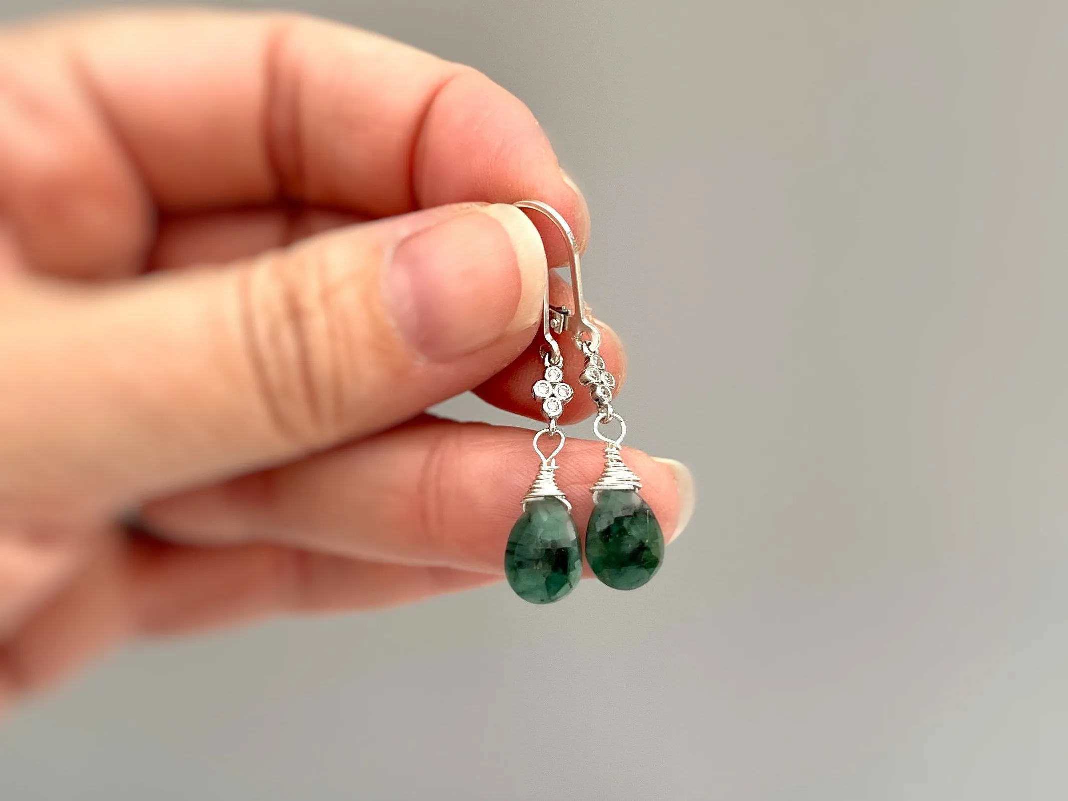 Dainty Emerald earrings dangle, Sterling Silver