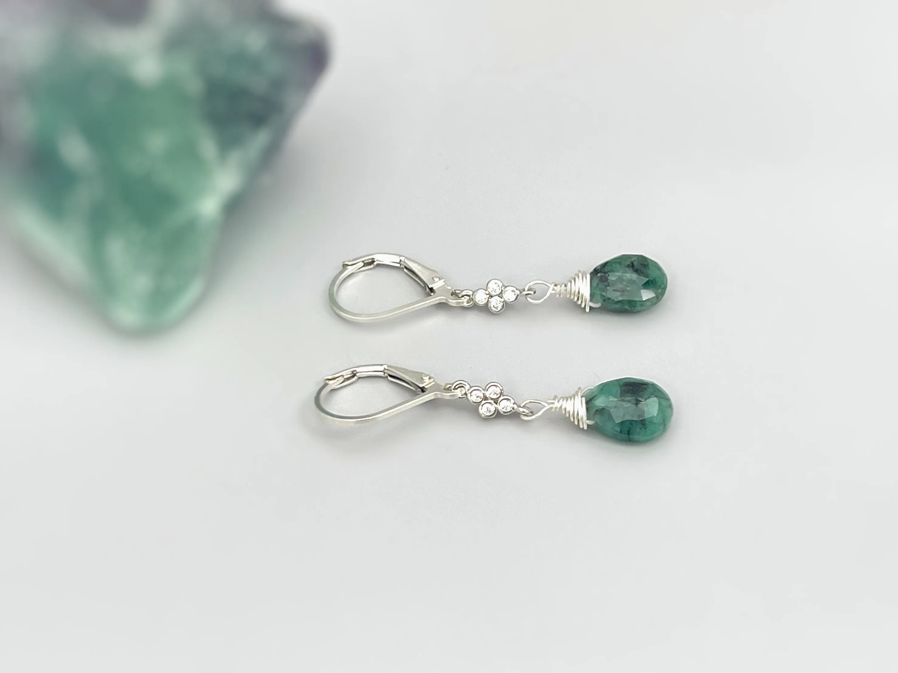 Dainty Emerald earrings dangle, Sterling Silver