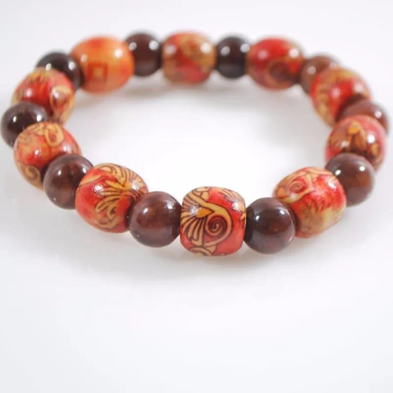 Dark Brown Agate Stone  And Orange Print Wood Men's Bracelets