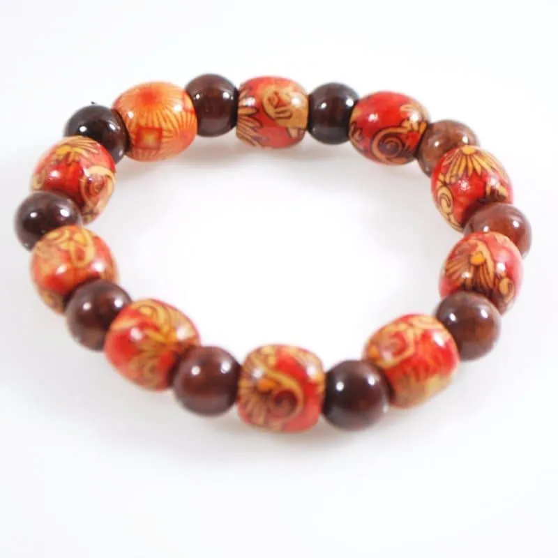 Dark Brown Agate Stone  And Orange Print Wood Men's Bracelets