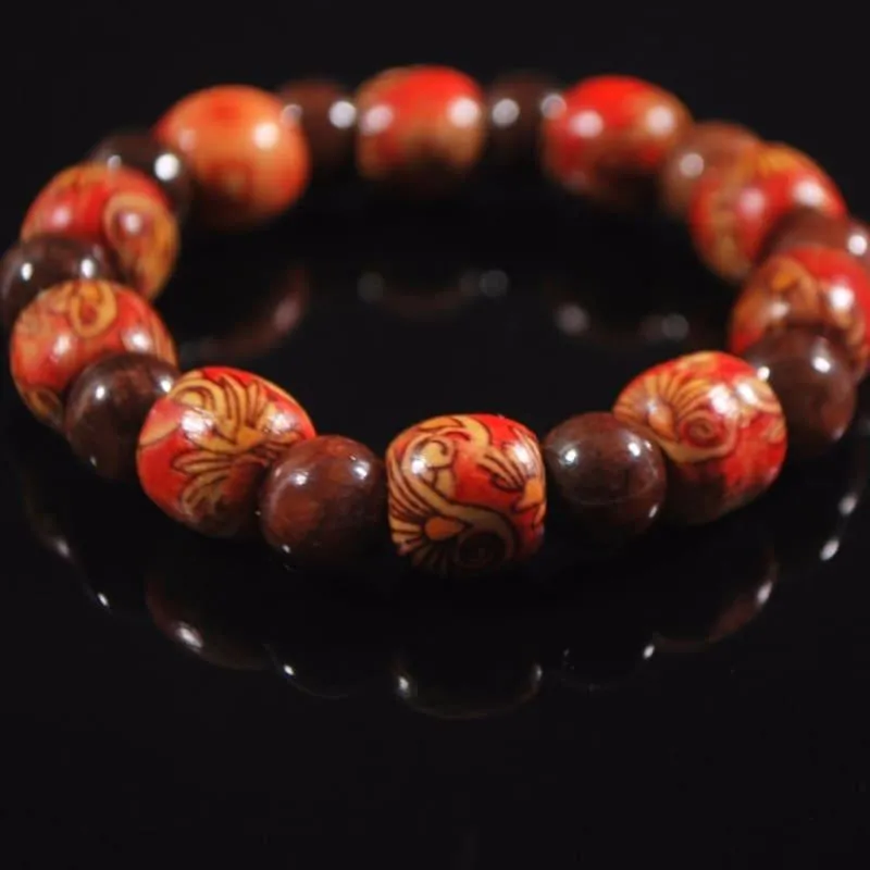 Dark Brown Agate Stone  And Orange Print Wood Men's Bracelets