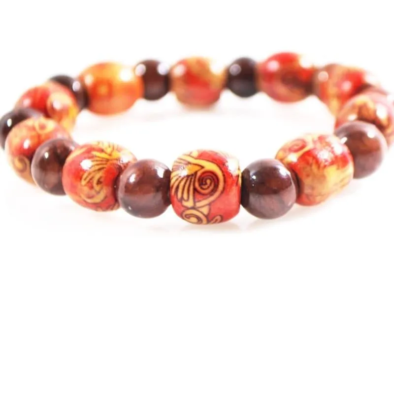 Dark Brown Agate Stone  And Orange Print Wood Men's Bracelets