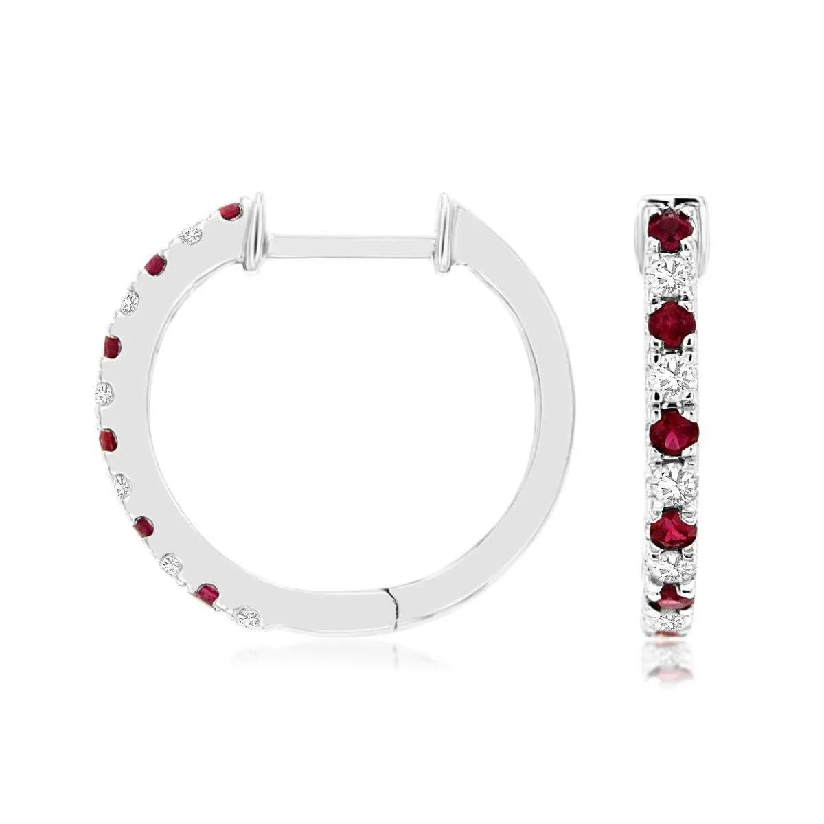 Delicate Natural Ruby and Diamond Huggie Hoop Earrings in White Gold