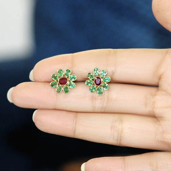 Emerald and Ruby Flower Stud Earrings