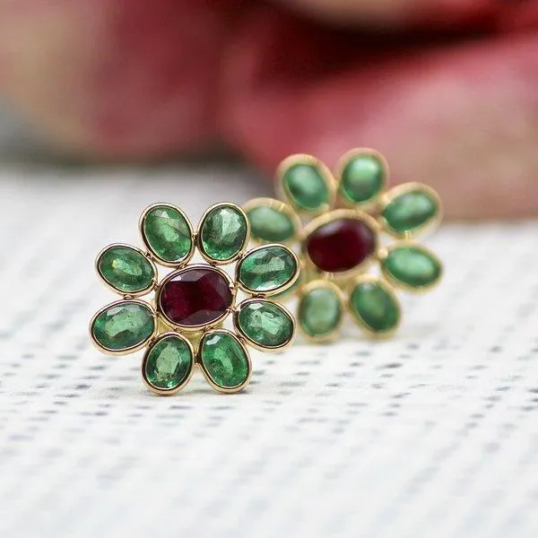 Emerald and Ruby Flower Stud Earrings