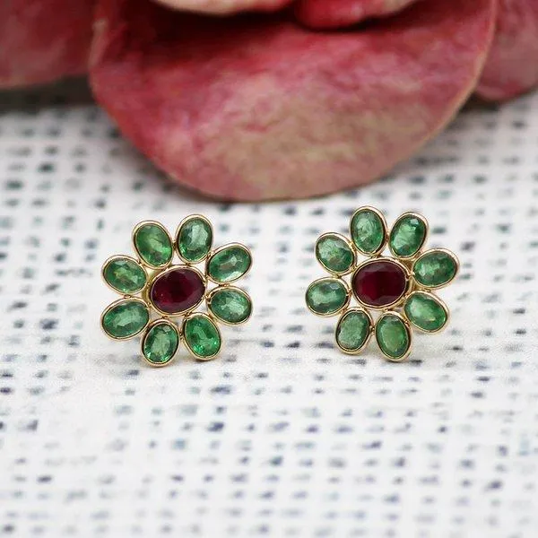 Emerald and Ruby Flower Stud Earrings