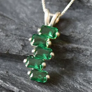 Emerald Baguette Pendant - Green Squares Necklace - Long Vintage Necklace